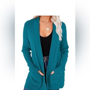 MEROKEETY Cardigan – M, Teal Open front knit cardigan with pockets.
